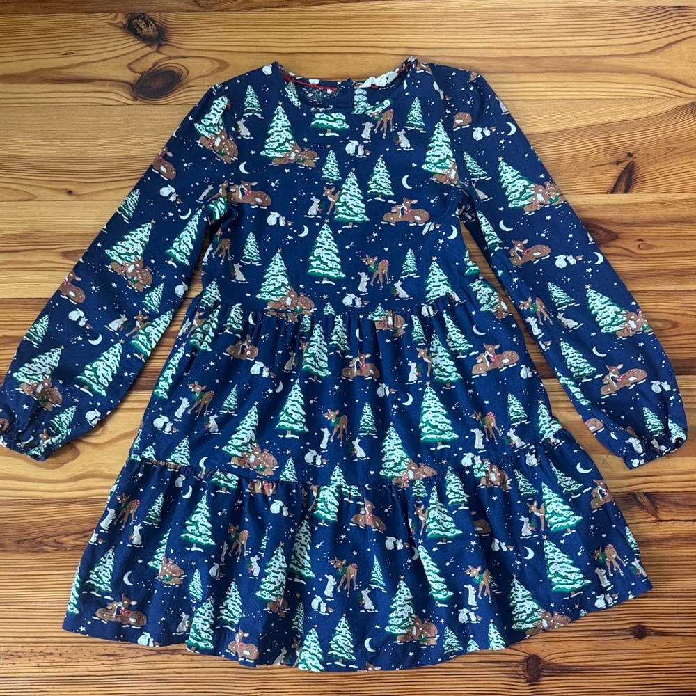 EUC Mini Boden Navy Tiered Dress Festive Holiday Deer Tree Christmas Sz 11/12